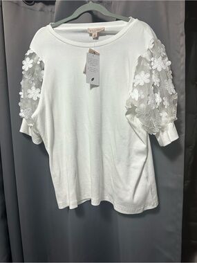 Philosophy White Ribbed Top with Sheer Floral Puff Sleeves